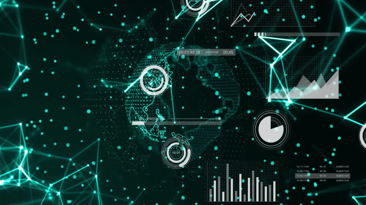 Digital data visualization with graphs and network connections over globe animation