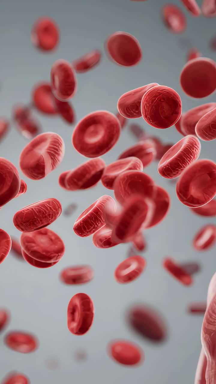 Vertical video: Flowing blood driving red cells drifting through vessel in pale plasma, vessel wall