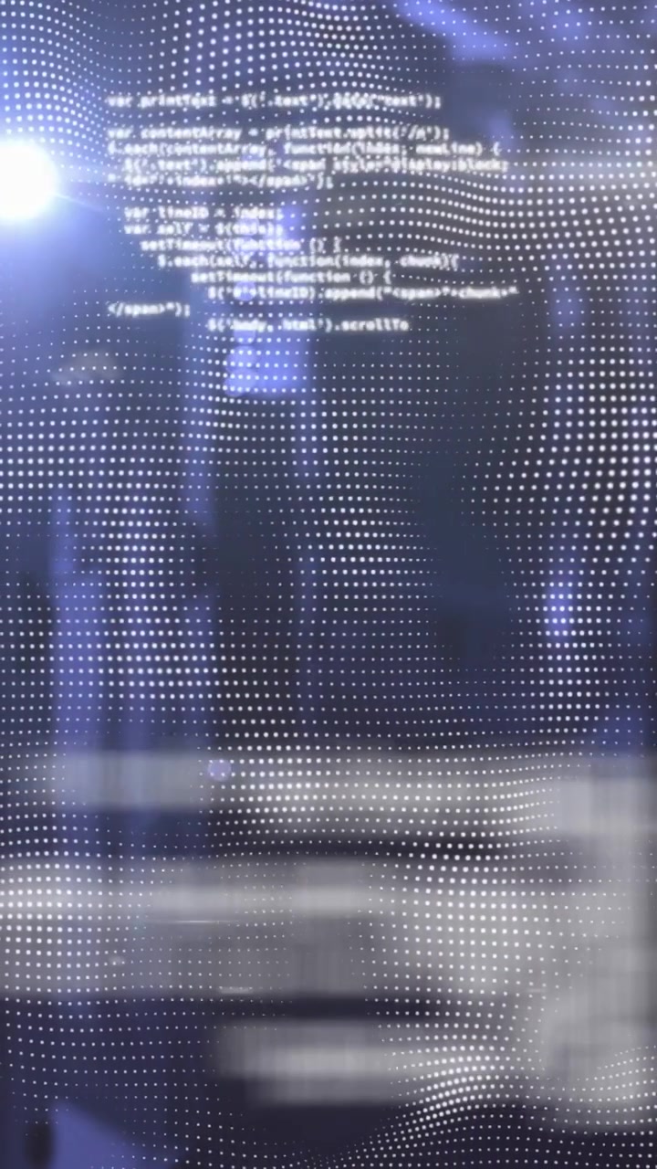 Vertical video: Dot grid rippling and blurring code as cam shifting and flare washing dots showing