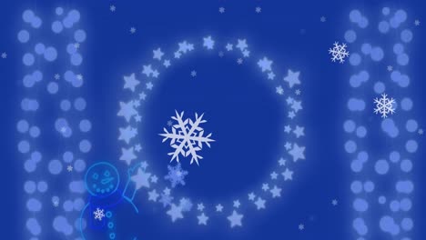 Animation-of-snowflakes-over-neon-snowman-icon-and-fairy-lights-banner-with-copy-space