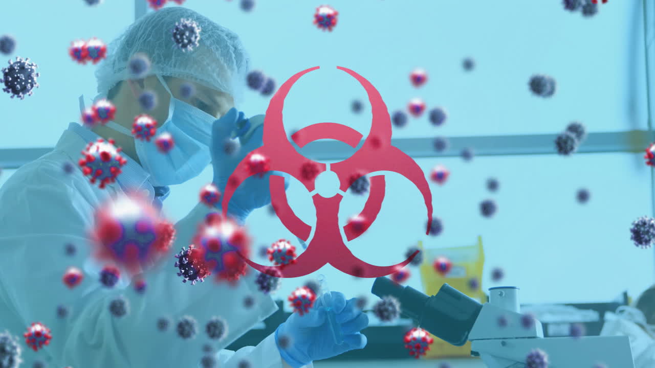 실험실에서 일하는 남성 과학자에 대한 코로나19 세포에 대한 생물학적 위험 상징