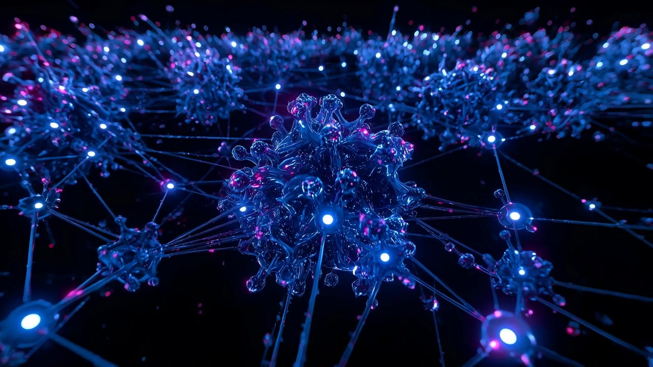 Pulsing main node sending signals along struts in void as camera moving closer, showing neon cores