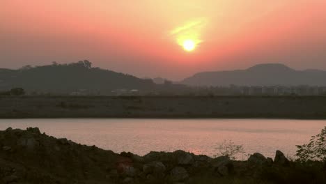 sunrise at the reservoir,wide angle view.