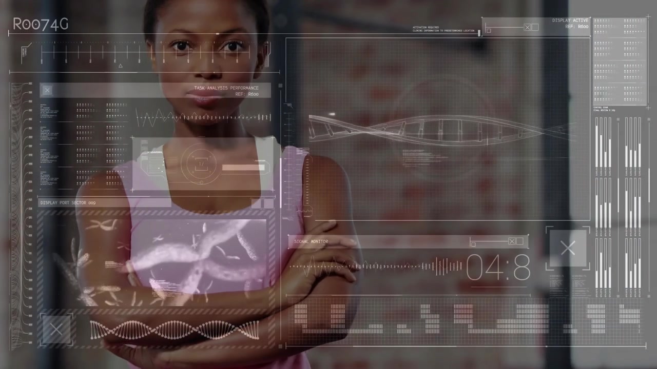 Right foot stepping, pan up revealing woman crossing arms as HUD updating biometrics for tracking