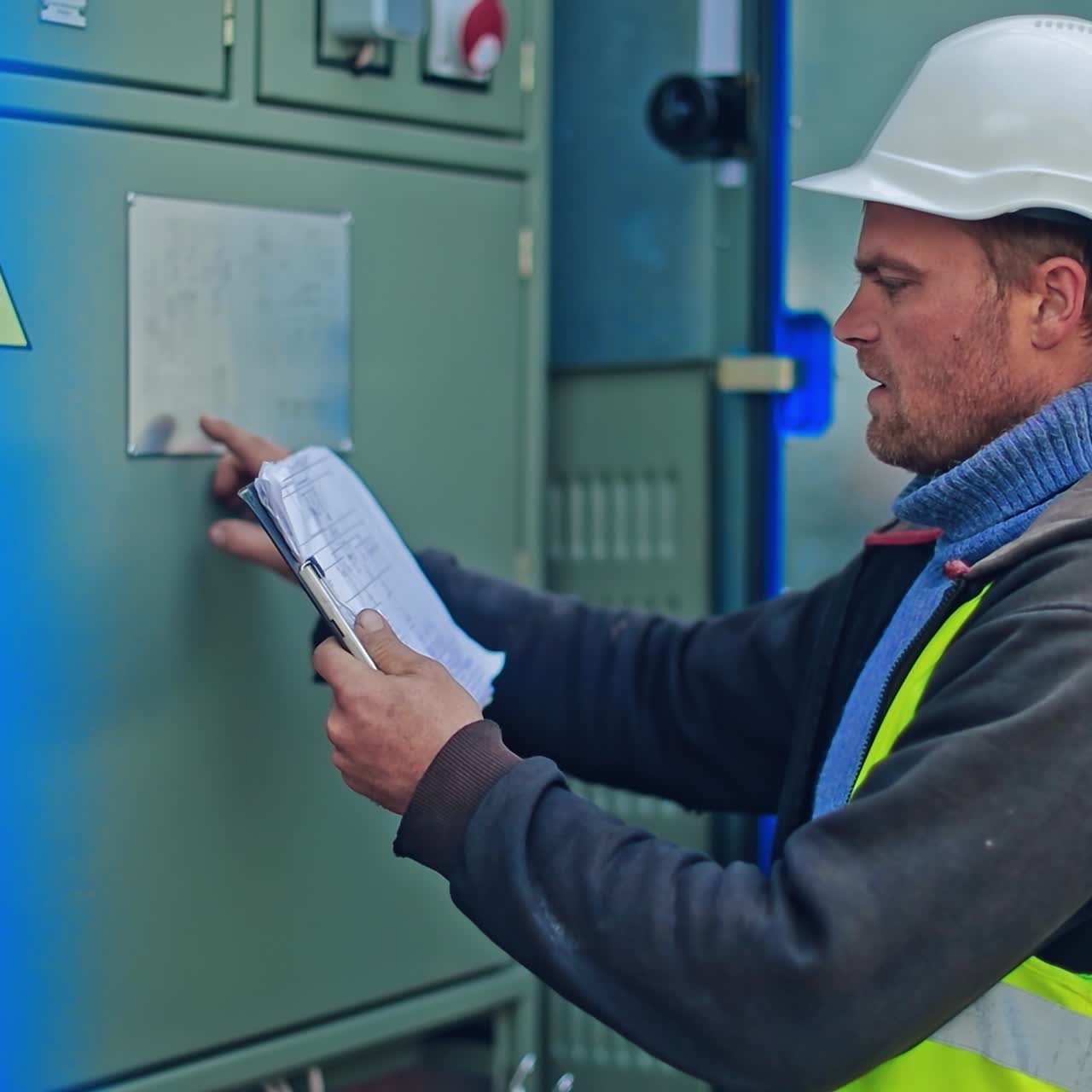 Maintenance and operation in solar energy plant. Electrical worker in hard hat checking energy system on solar farm.