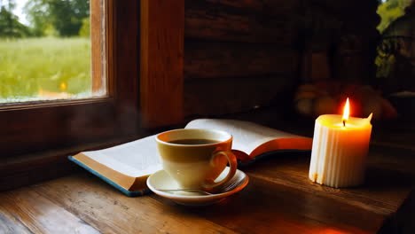 cozy reading nook with coffee, book, and candlelight by a window