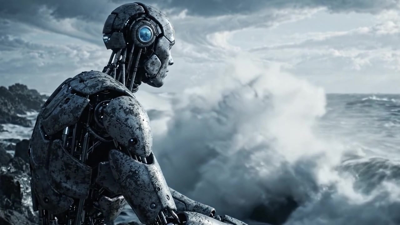 Un robot contemplativo siede su rive rocciose, osservando pensieroso il mare turbolento e il cielo drammatico, catturando l'essenza della solitudine e della meraviglia tecnologica.