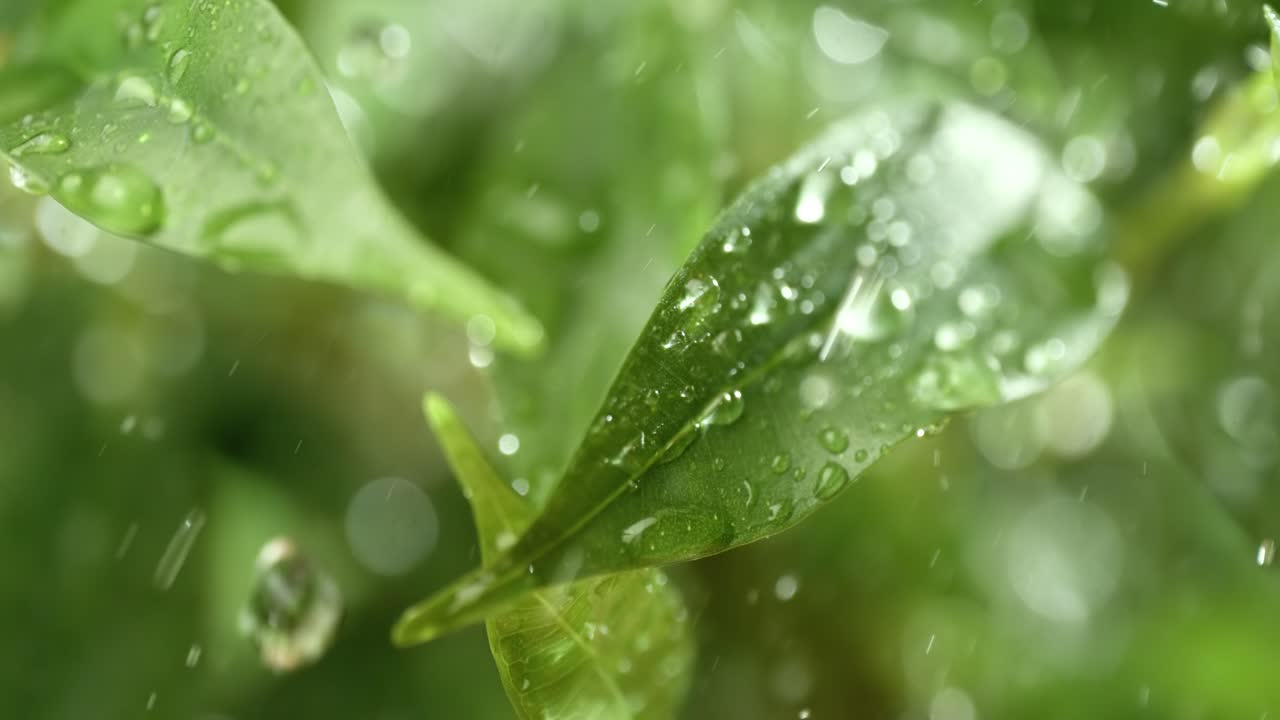 un primer plano de las gotas de lluvia en cámara lenta. la lluvia gotea sobre las hojas verdes de la planta.