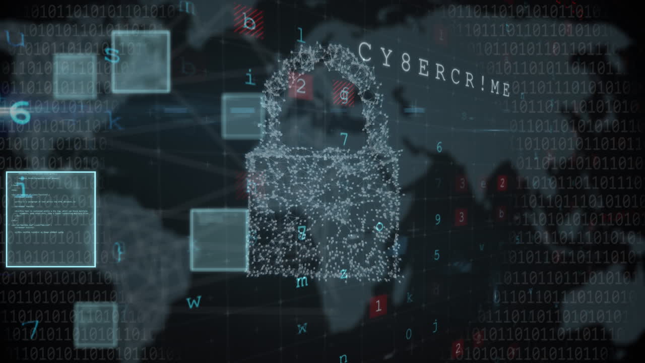 Animation of data processing over padlock and world map