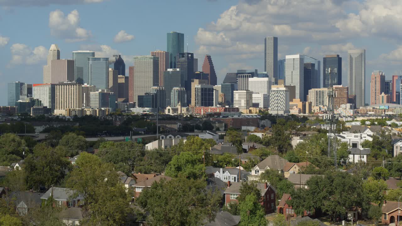 Drone shot moving forward showing downtown Houston, Texas