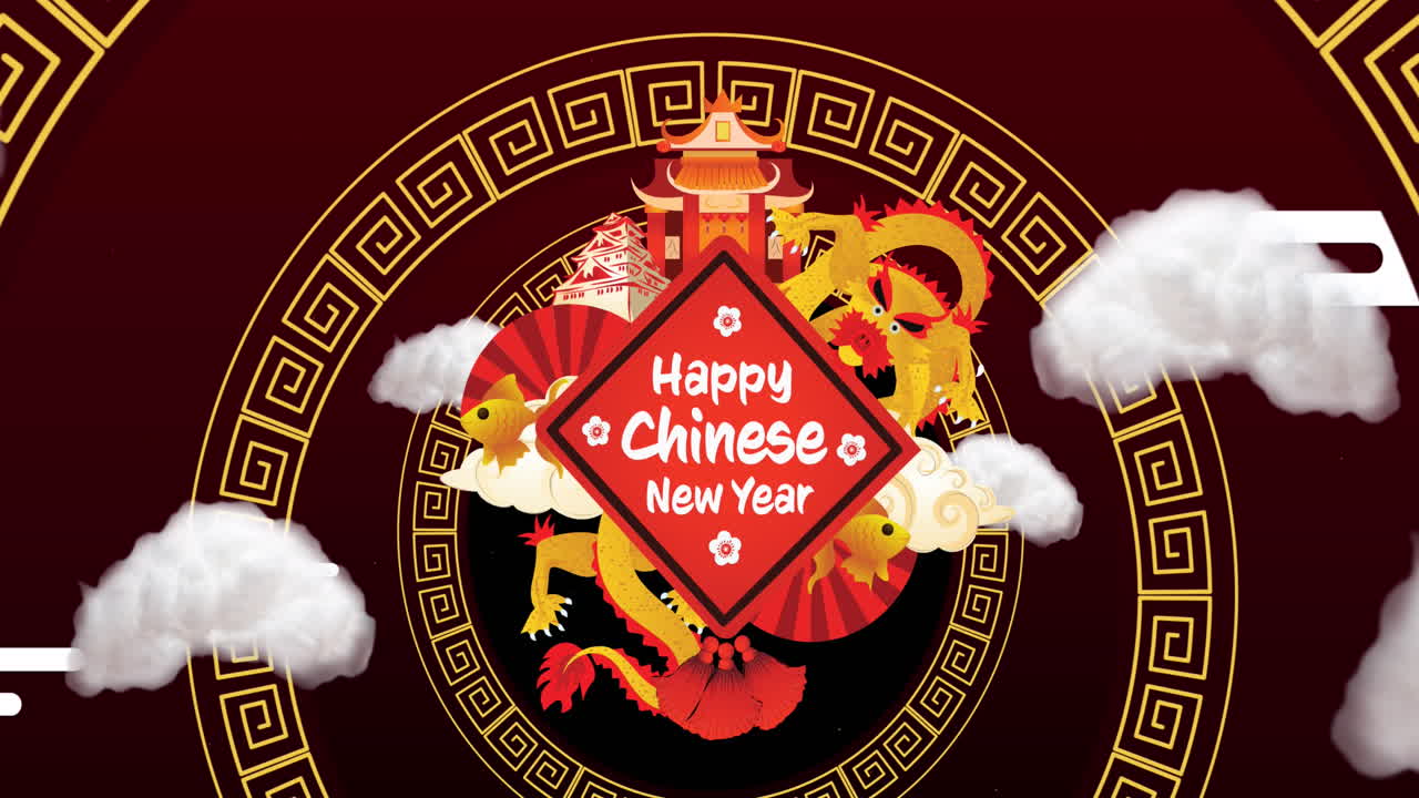 animación de felicitaciones de año nuevo texto y decoraciones tradicionales chinas en fondo rojo