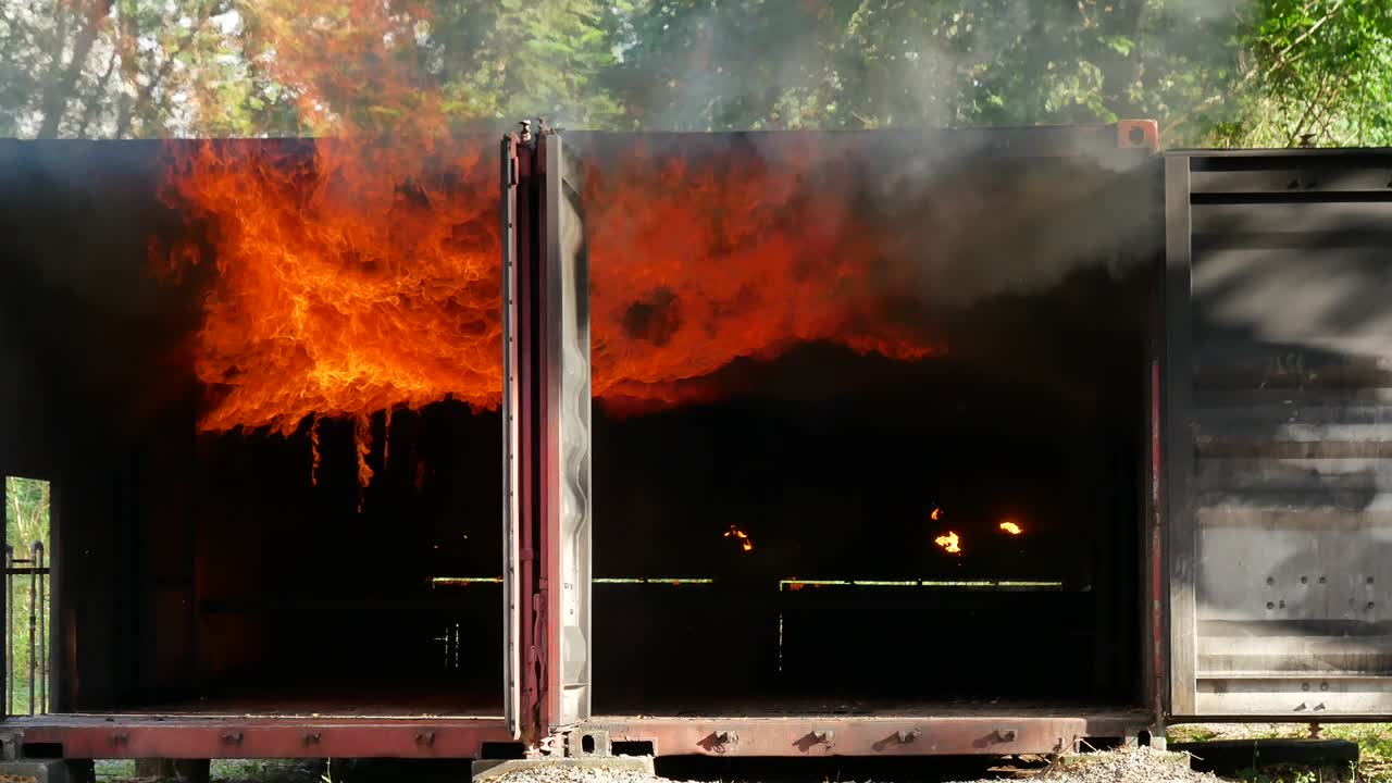 화재 폭발 불타는 자동차 화재 거리 연기, 뜨거운 위험 불꽃 연소 효과, 화재 연소 자동차 사고 재난 화재, 화재 재난 연소 불꽃 높은 열 거의 폭발.