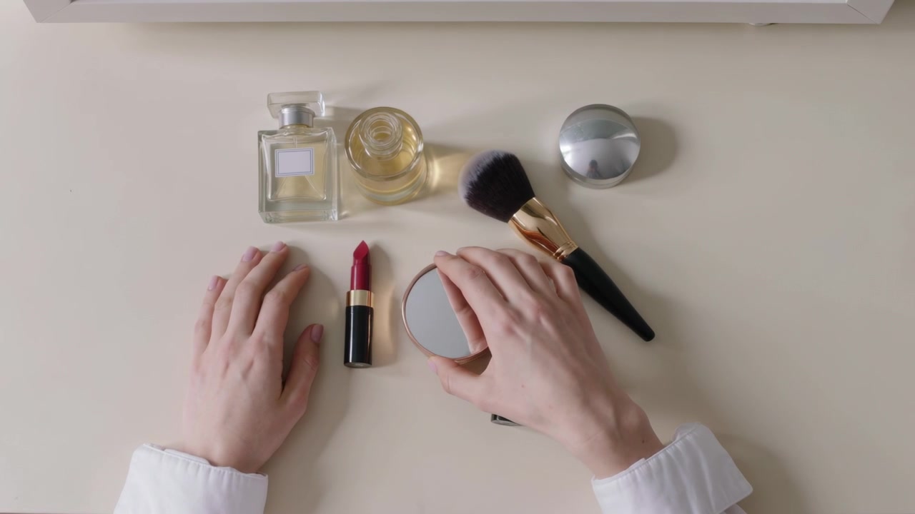 Entering hands wearing white shirt arranging cosmetics on vanity, centering lipstick and compact