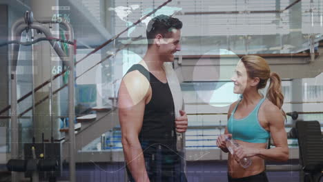 fitness data and performance metrics animation over people talking in gym