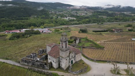 Santa-Maria-de-Beade-Church-and-Calvario,-Ourense,-Spain---aerial