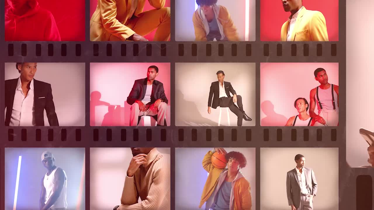 Stijlvolle mannelijke modellen poserend in een filmstrip met meerdere schermen