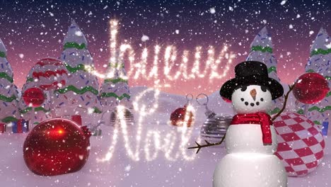 Joyeux-Noel-text-and-snow-falling-over-winter-landscape