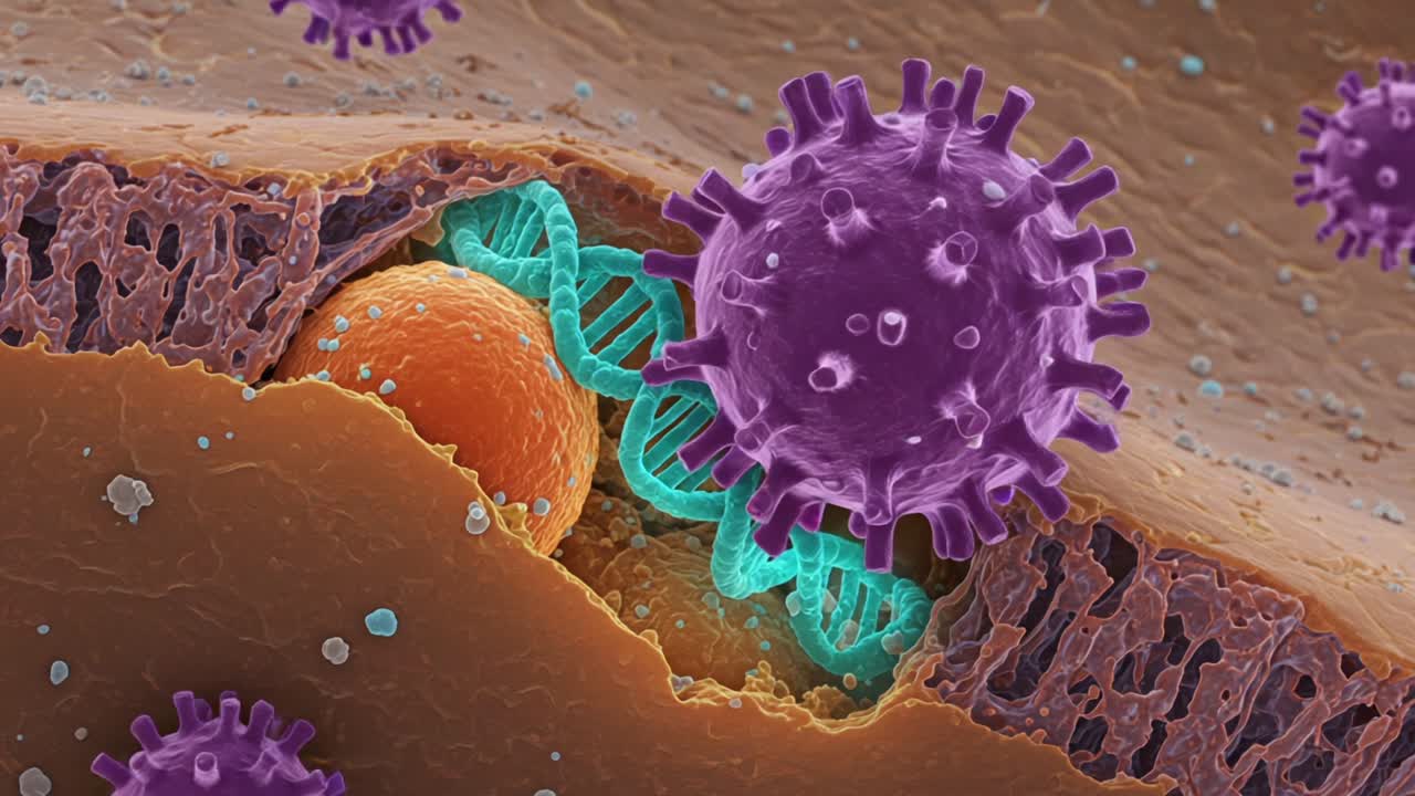 Microscopic View of Viral Structure Interacting with Cellular Components, Showcasing Viral Replication and Genetic Material Inside Host Cell