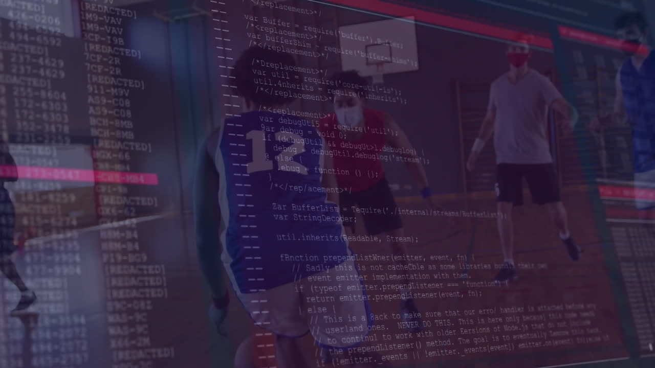 Basketballspieler beim Training in der Turnhalle, mit Streaming-Code-Overlay und Technologiestatistiken