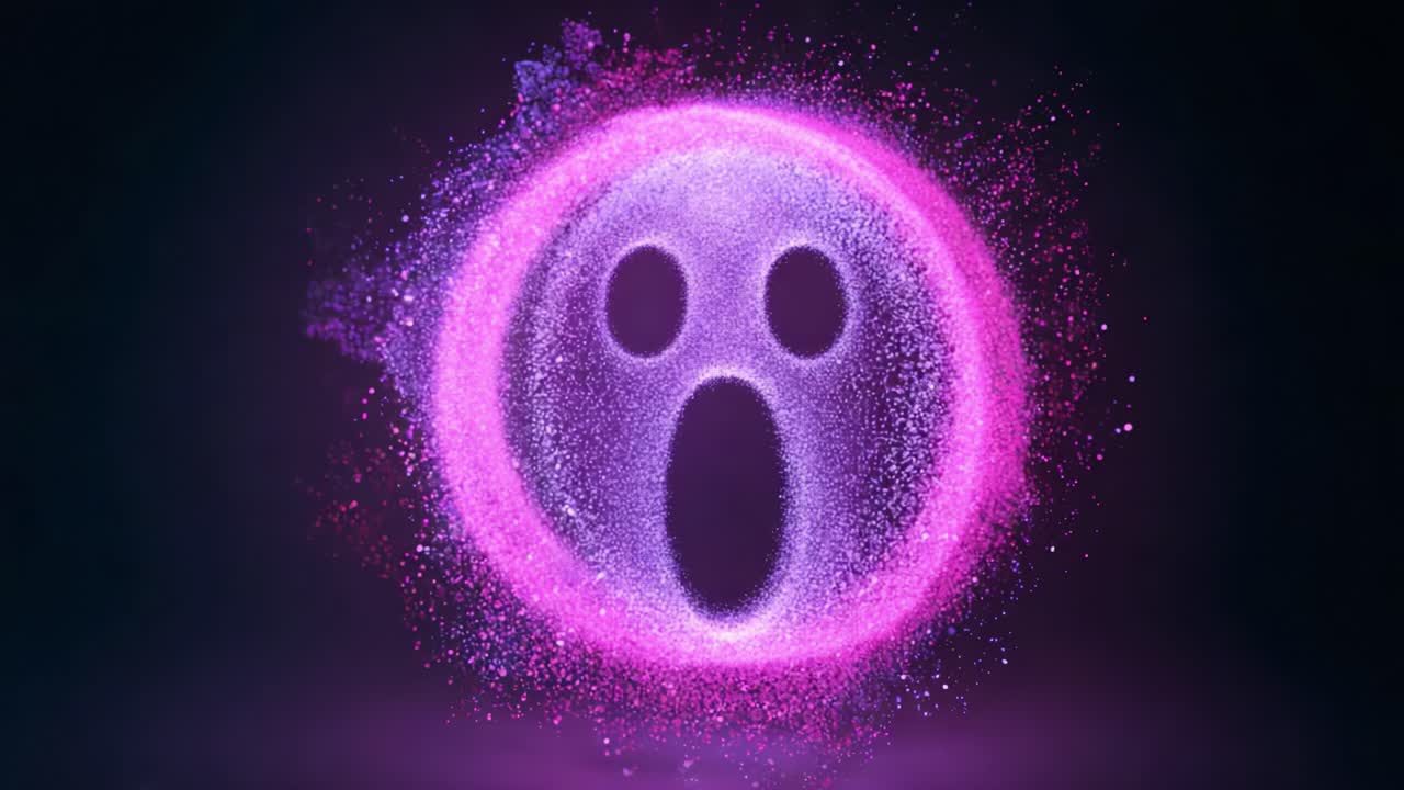 A mesmerizing visual transformation of a swirling ghost face, depicted through vibrant particles of purple and pink, illustrating an evolving art form that captivates the viewer