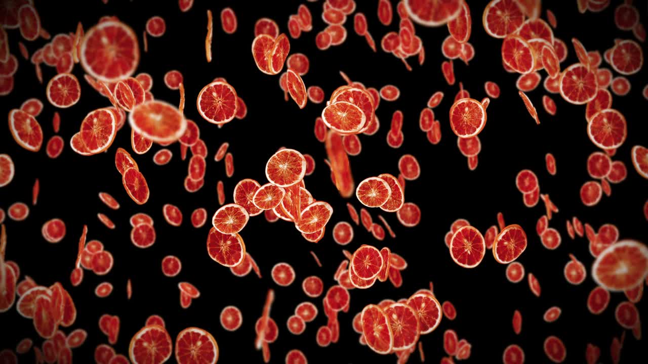 검은 바탕에 많은 건조 오렌지를 날아. 탈수 된 과일, 음식 개념. 3d 애니메이션 조각 된 과일 오렌지 회전. 루프 애니메이션.