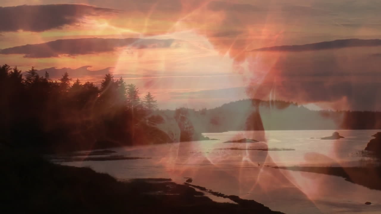 Fiery animation over serene sunset landscape with silhouetted trees and water