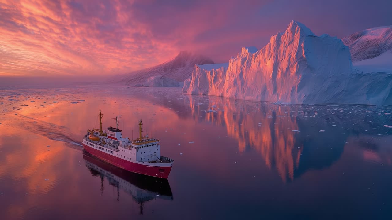A Majestic Arctic Voyage: Illuminating the Contrast Between the Ship and Glaciers Amidst a Stunning Sunset Reflection on the Calm Waters
