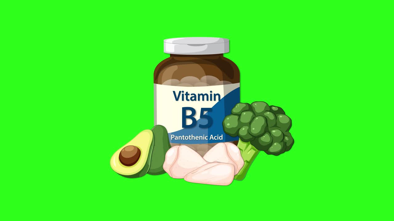 Vitamin B5 bottle and healthy foods animate together on a bright green background, smooth movement