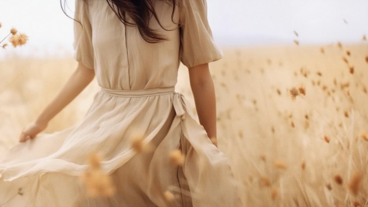 Un arrêt sur image cinématographique d'une femme en robe fluide marchant dans un champ ensoleillé