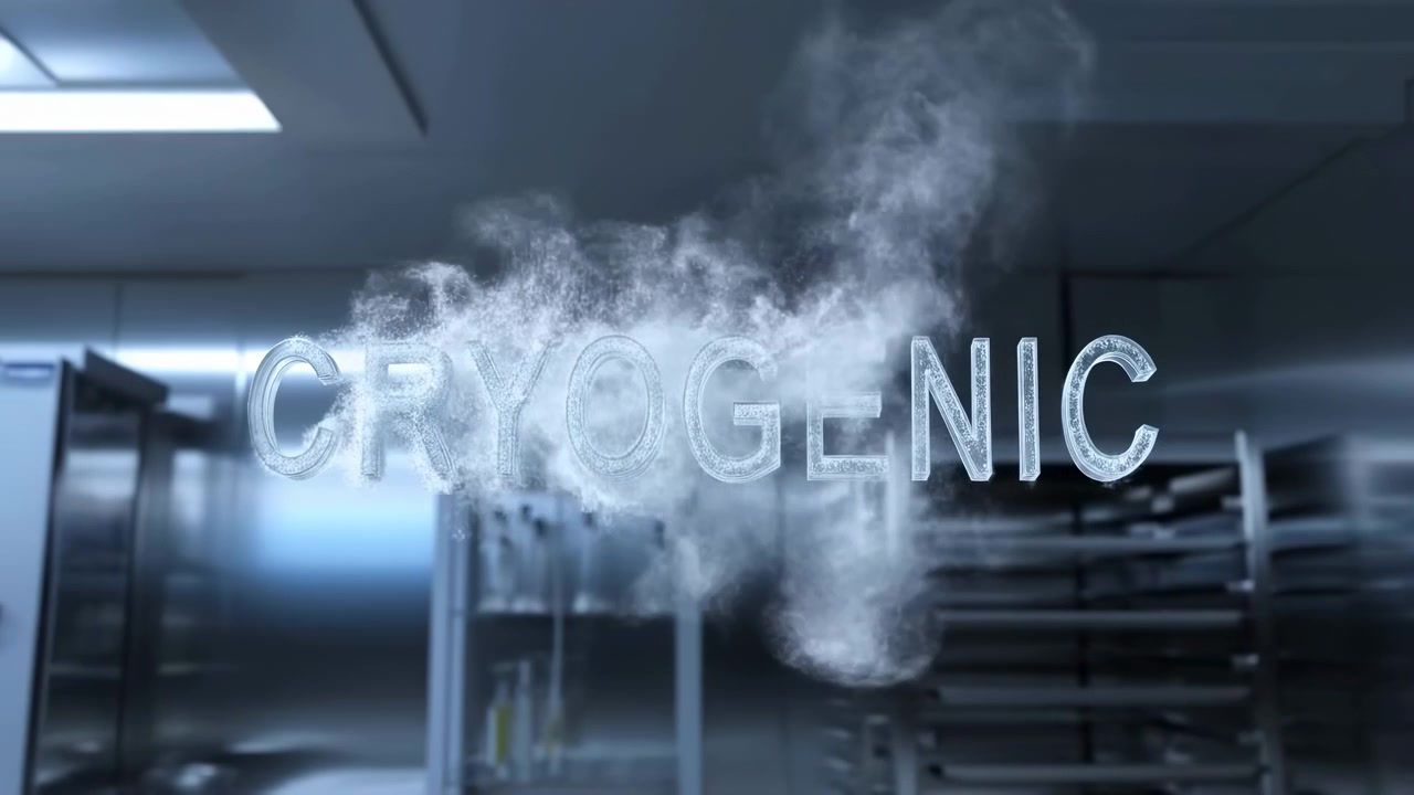 Gennemsigtige kryogeniske bogstaver omgivet af tæt damp inde i et kølerum af rustfrit stål med frost, der danner sig på tværs af midten, steril industriel belysning, metalliske refleksioner, dyb kold atmosfære.