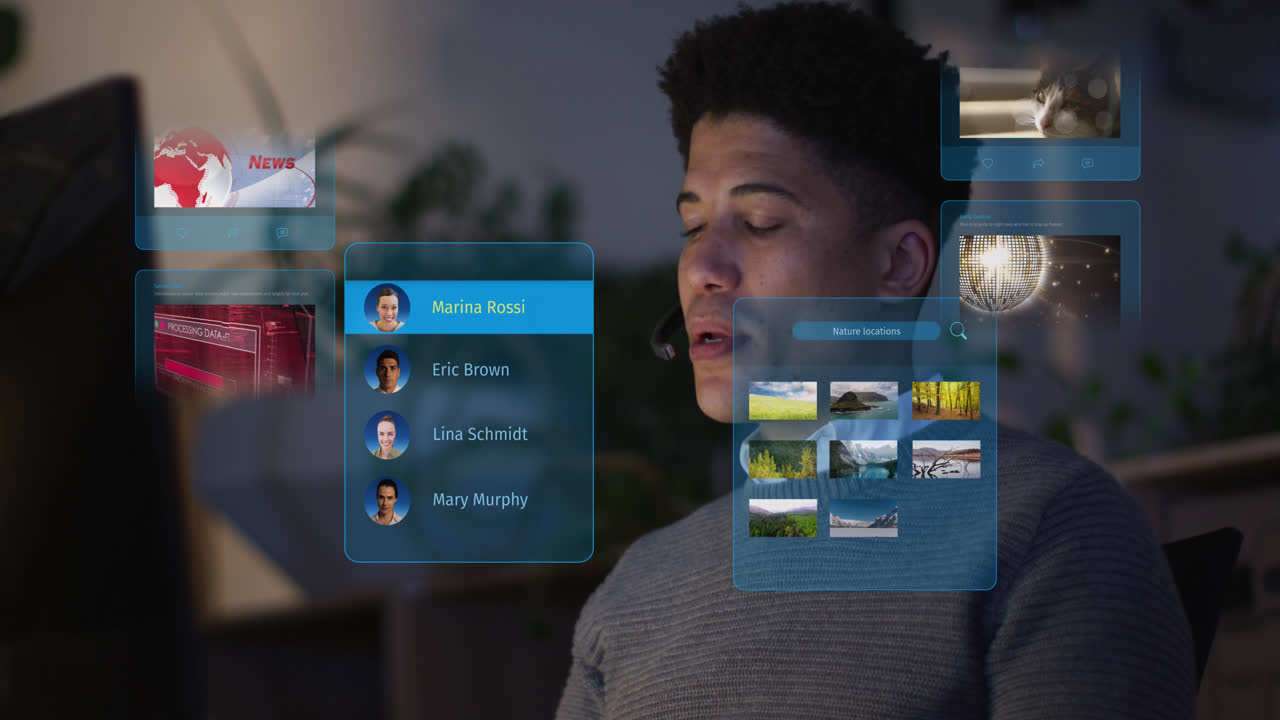 Animation of social media posts and people profiles over biracial man talking on phone headset
