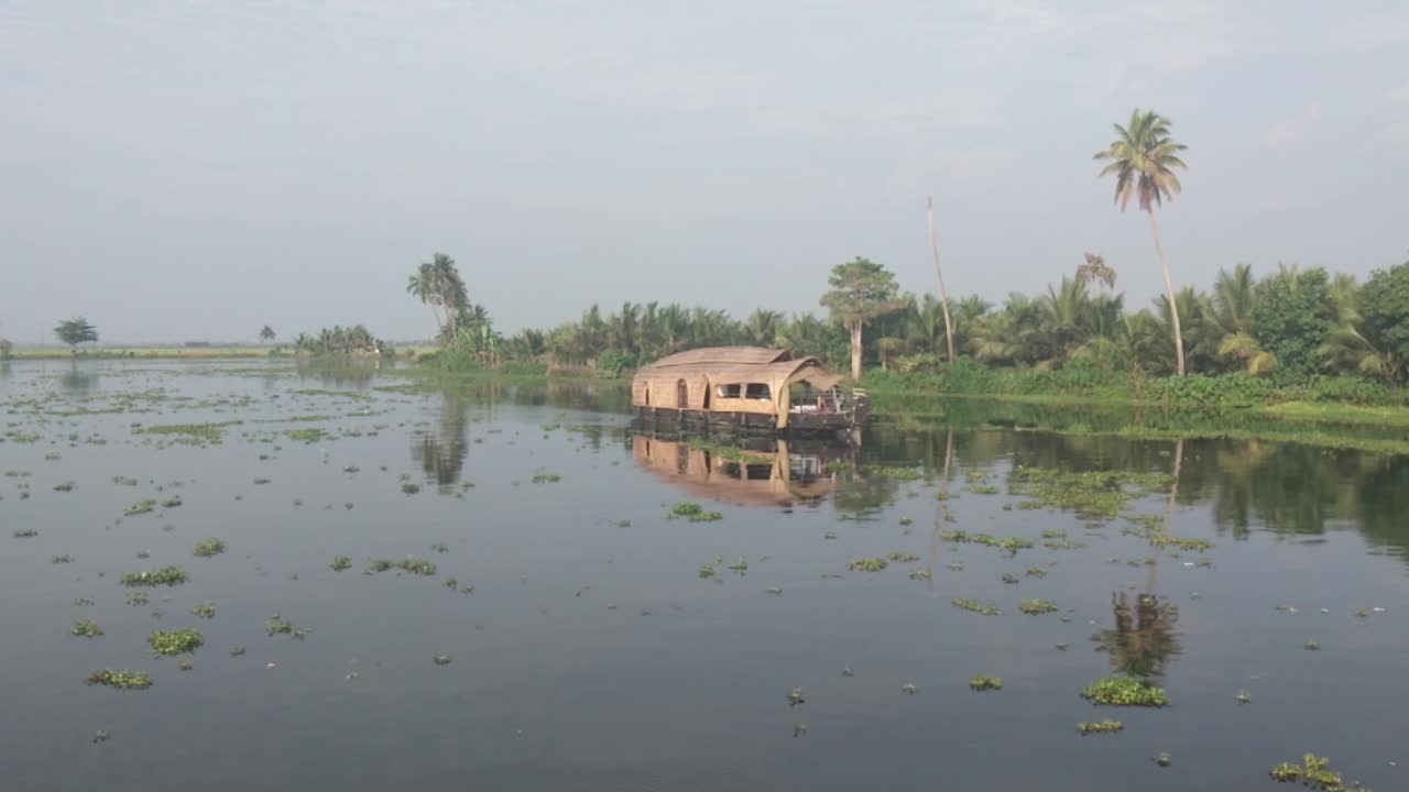 Traditional Houseboat Sails Through Water Plants at Alappuzha, Kerala, India
