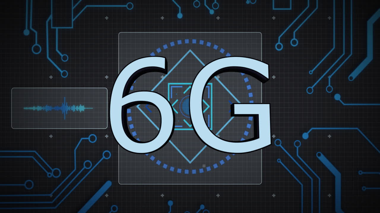animación de texto 6g, procesamiento de datos digitales a través de una placa de circuitos informáticos