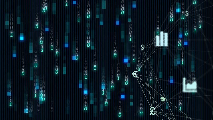 Binary code and financial symbols animation over dark background with vertical lines