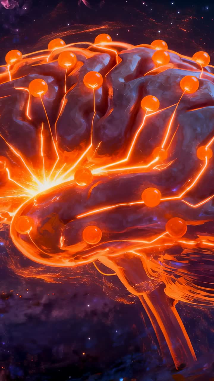 Central burst sparking wave, stylized brain lighting nodes and paths, showing neuroscience activity