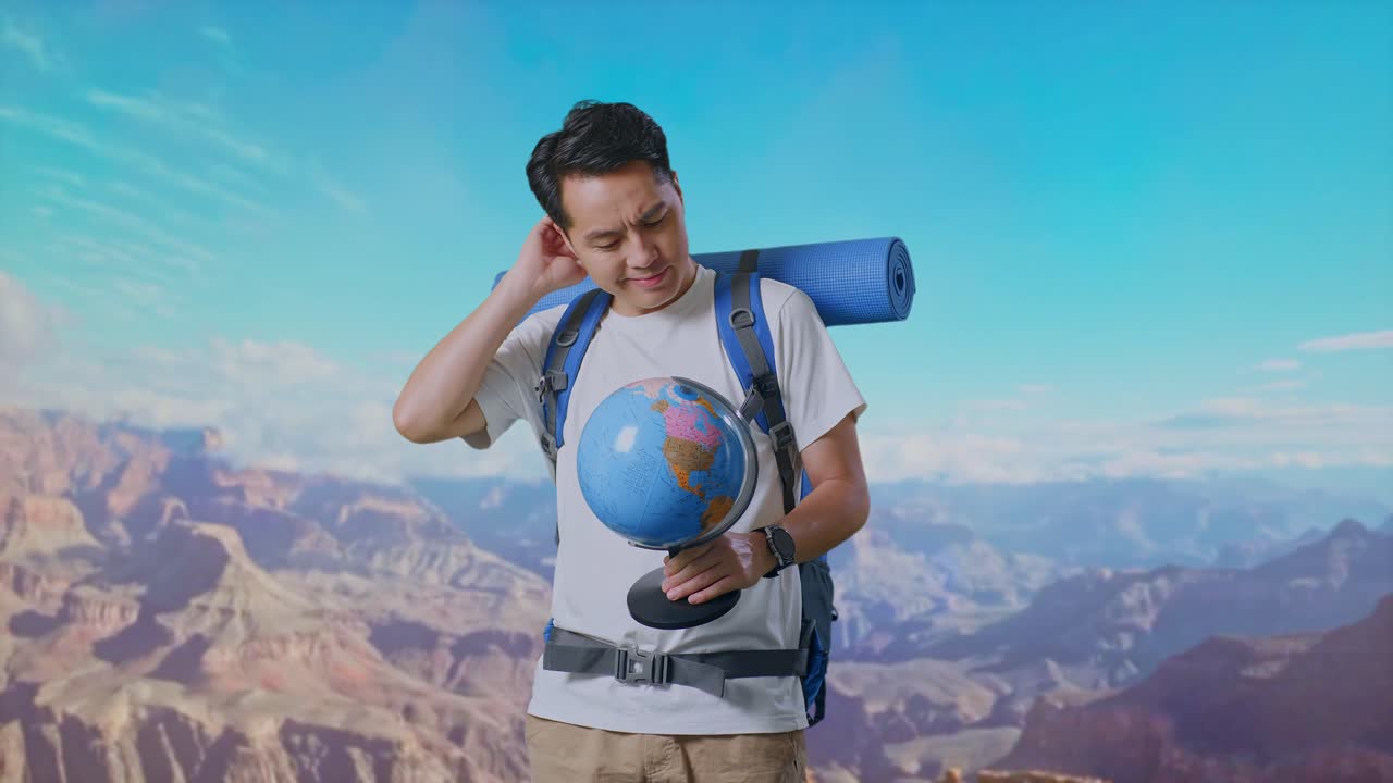Asian Male Hiker With Mountaineering Backpack Looking At World Globe In His Hands And Making Confused Gesture While Traveling At The Top Of Mountain