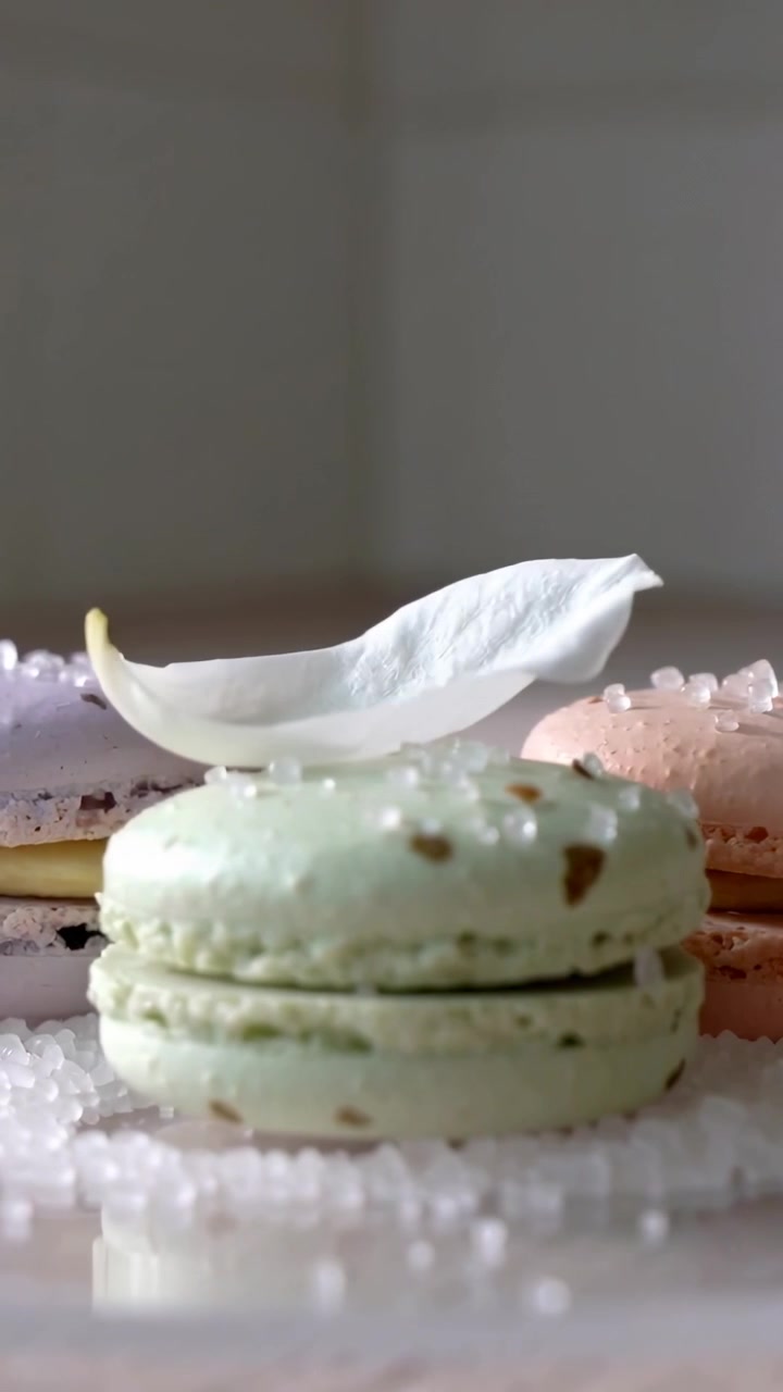 Vertical video: Appearing white petal falling and landing on mint macaron on counter with sugar