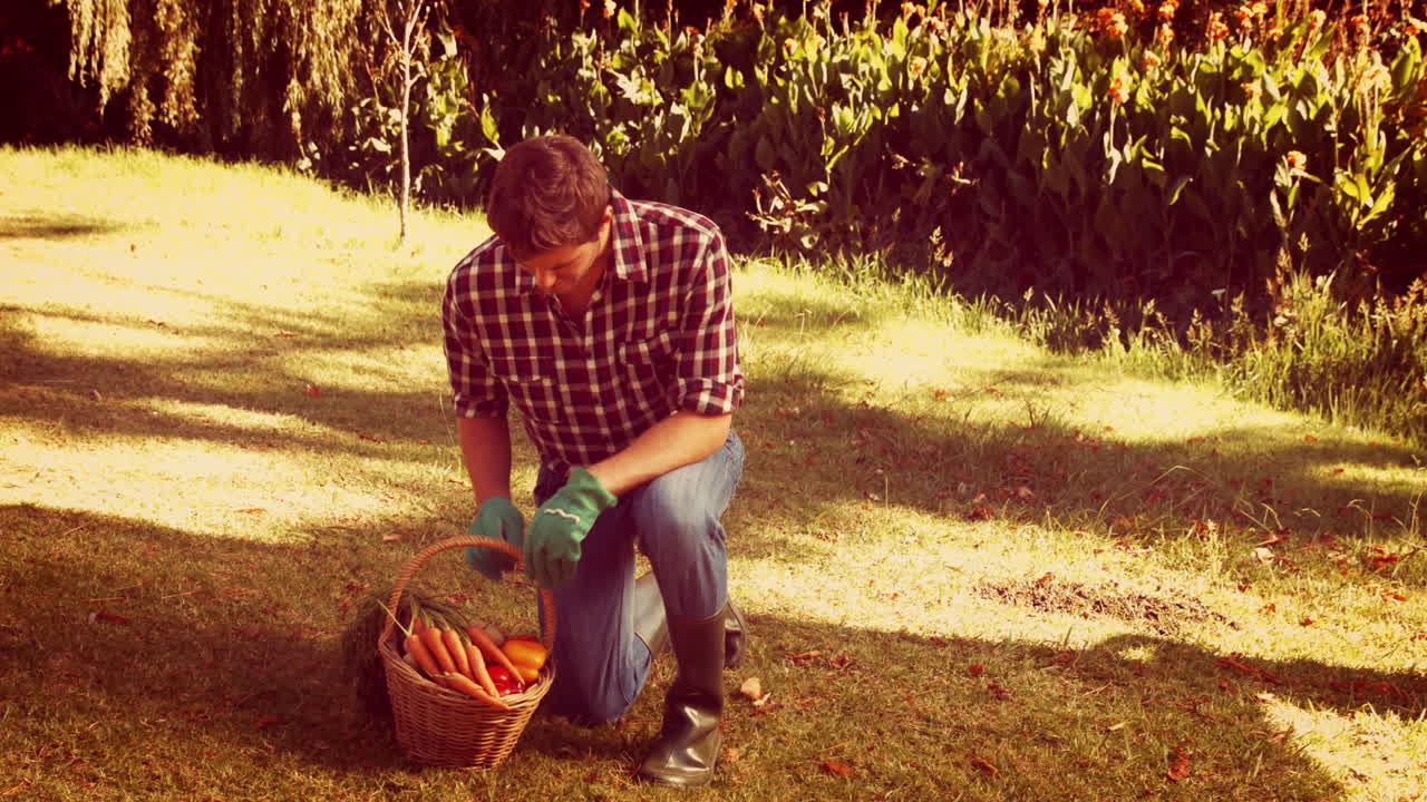 un jardinero feliz preparando una canasta de zanahorias