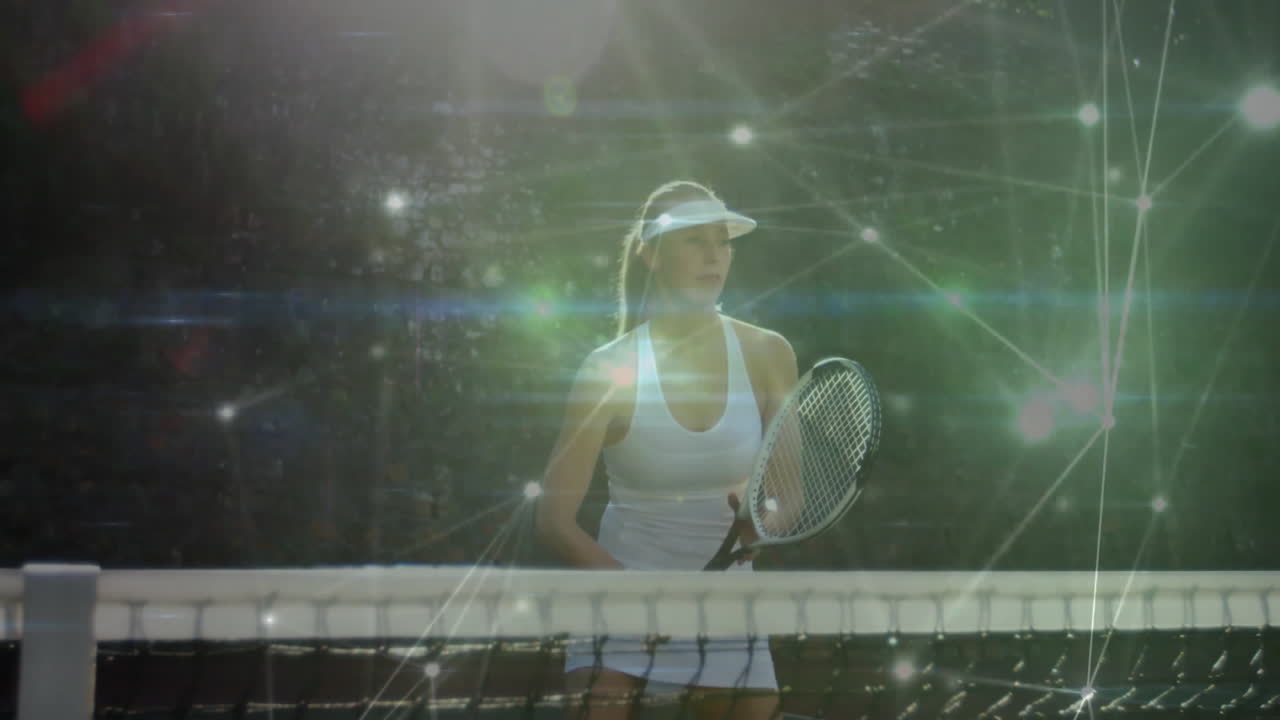 female tennis player holding racket preparing to return serve on court, showing sports tech overlay