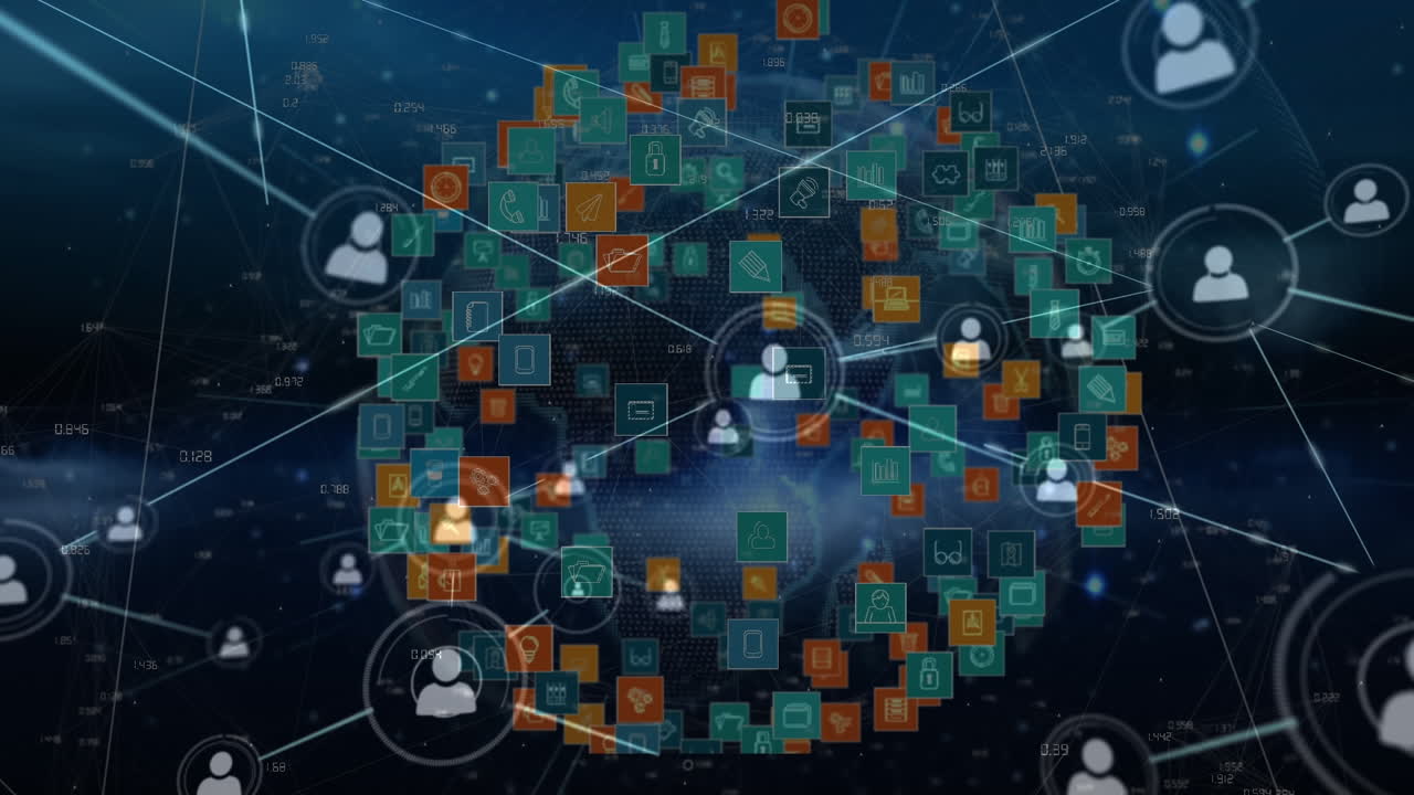 animación de la red de conexiones con iconos sobre fondo azul