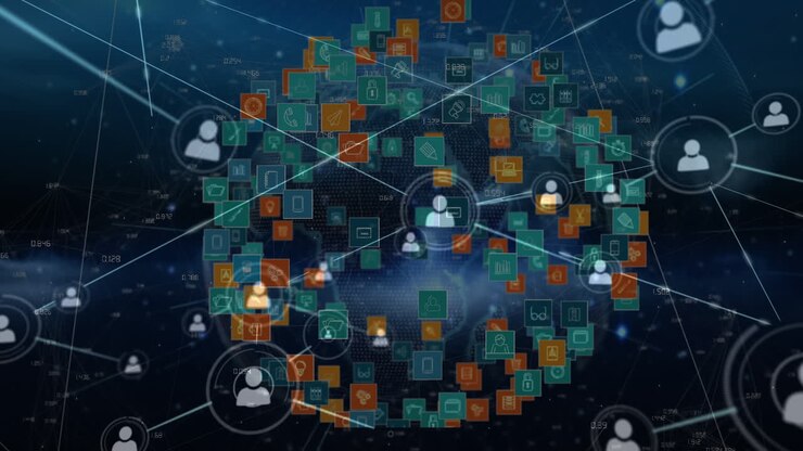 Animation of network of connections with icons on blue background