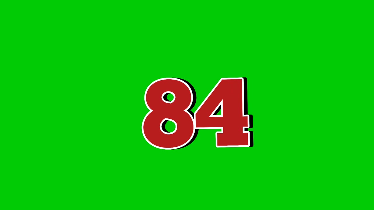 Animazione del simbolo del numero 84, grafica in movimento, cartone animato su sfondo green screen. Elementi video con effetti di fumo del numero rosso