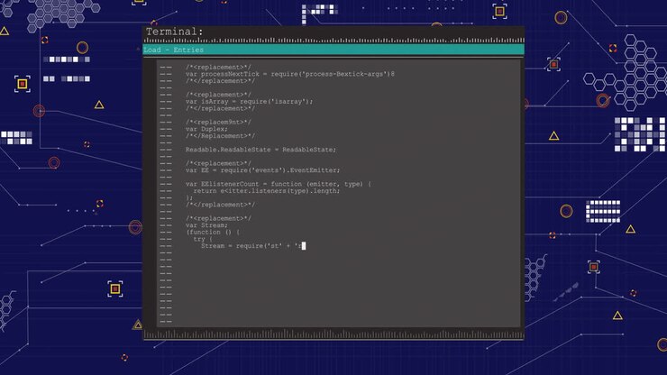 Displaying computer code on terminal window with digital network animation backdrop