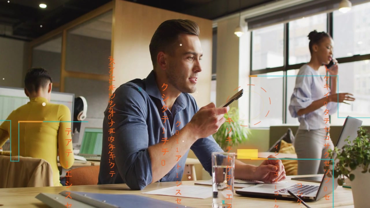 Diverse coworkers working in open office in casual wear, teal overlay, man using phone and laptop