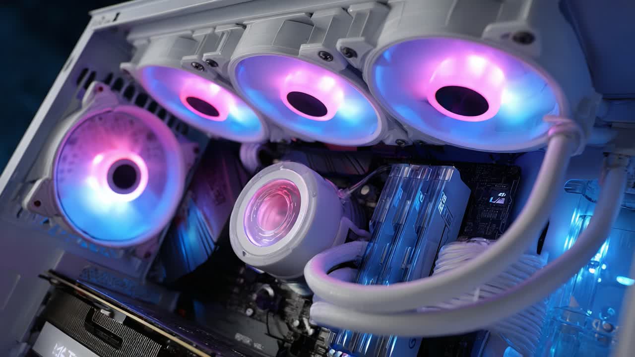 Revealing the Aesthetics of a Customized PC Build with Vibrant RGB Cooling Fans and a Sleek Liquid Cooling System Showcasing Modern Computer Hardware Design