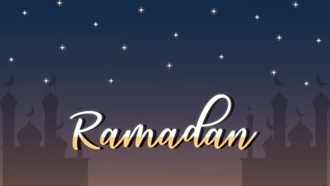 ramadan kareem lettering animation with muslim city night scene