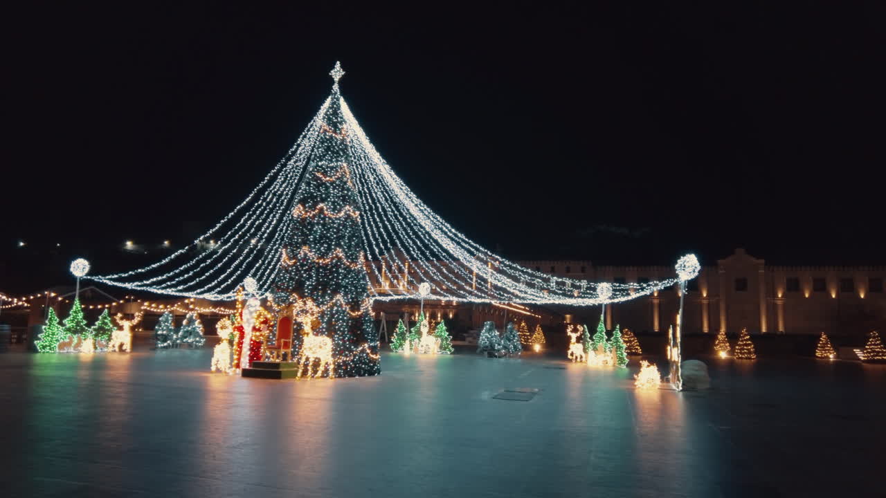 Decorations at the Christmas market in Chisinau, Moldova at night