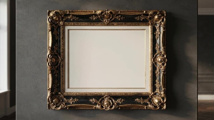 Moving camera closing on ornate gilded frame filling wall to show detail, window left doorway right