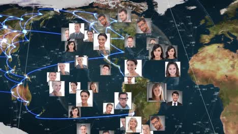 animation of photos of diverse male and female businesspeople over globe and world map