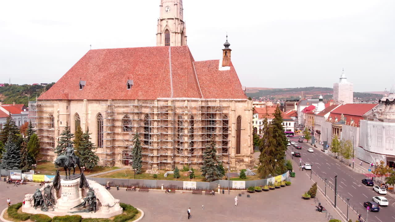 Aerial Footage over Large cathedral in Romania